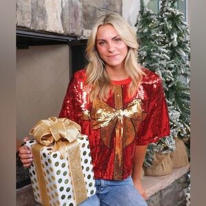 Simply Southern Red Sequin Blouse with Gold Bow